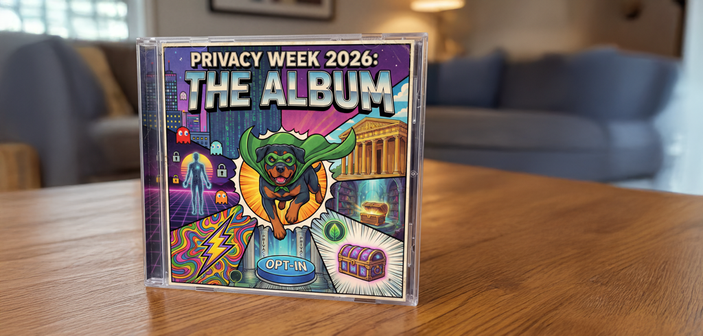 Privacy Week 2026: The Album artwork with the superhero dog mascot on a CD case