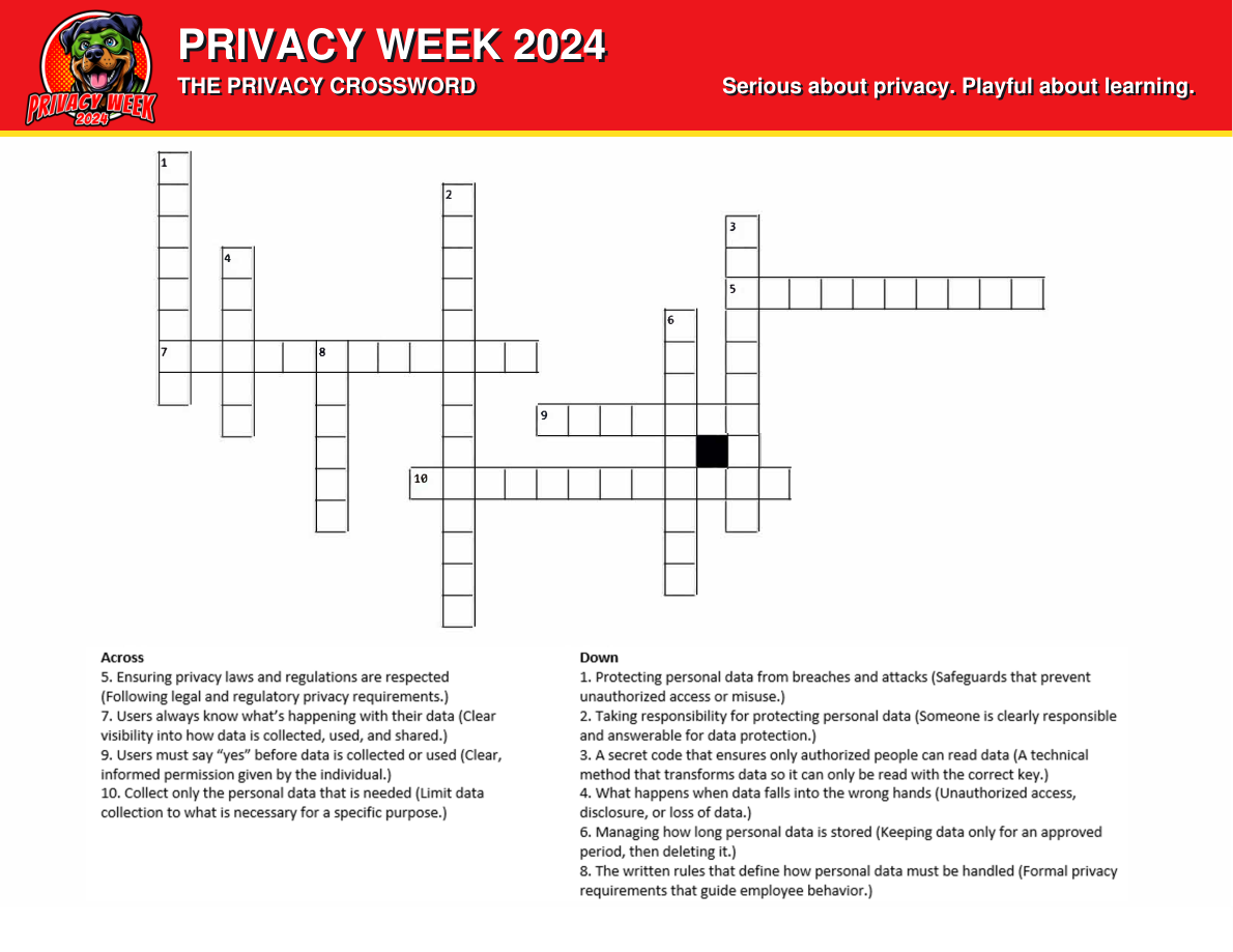 Privacy Week 2024 crossword with a solid red header, white lettering with black shadows, and superhero dog mascot