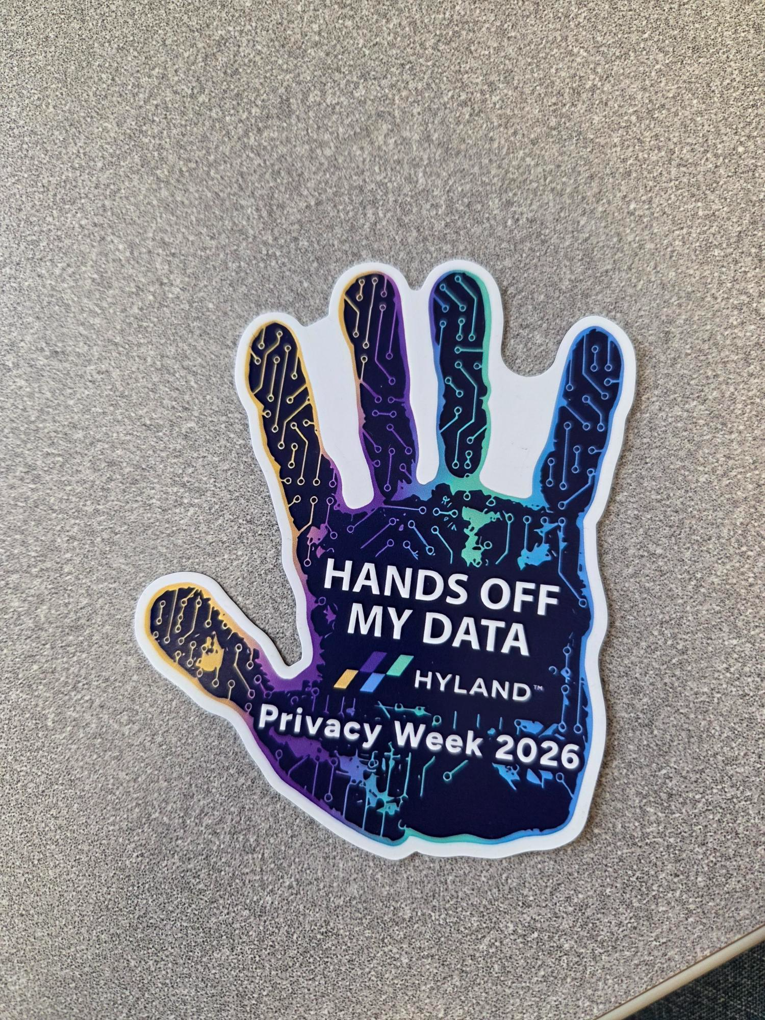 Hands off my data Hyland Privacy Week 2026 hand-shaped artwork