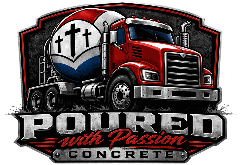 Developed Poured with Passion Concrete truck emblem and wordmark